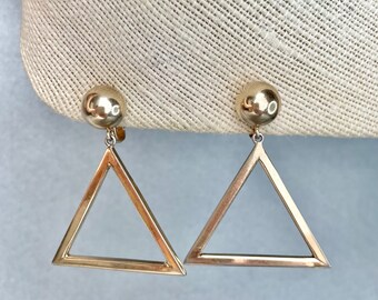 Vintage BERGERE Triangle Earrings, Silver Gold Tone Dangle Clip On Earrings, MidCentury Designer Signed Jewelry, Gifts for Her.