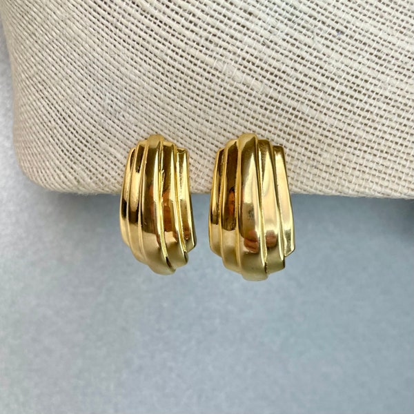 Vintage PAOLO Gucci Earrings, Gold Tone Chunky Heavy Striped Pattern Long Clip On Earrings, Designers Signed Authentic Jewelry, Gift for Her