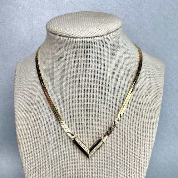 Vintage Chr.dior V Necklace: Gold Tone, Black Enamel & Rhinestones