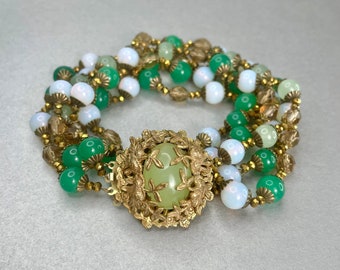 Vintage Miriam Haskell Bracelet: Green Jade Glass Bead, Gold Tone Jewelry