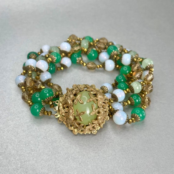 Vintage Miriam Haskell Green Bracelet, Gold tone … - image 1