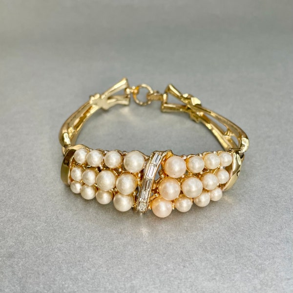 Vintage Coro Pearl Bracelet, Gold Tone Clear Rhinestones Bangle Bracelet, Midcentury Jewelry Gift for Her.