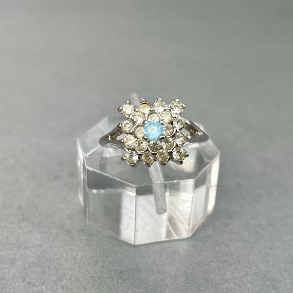 Vintage Light Blue Crystal Ring, Silver Tone Roun… - image 1