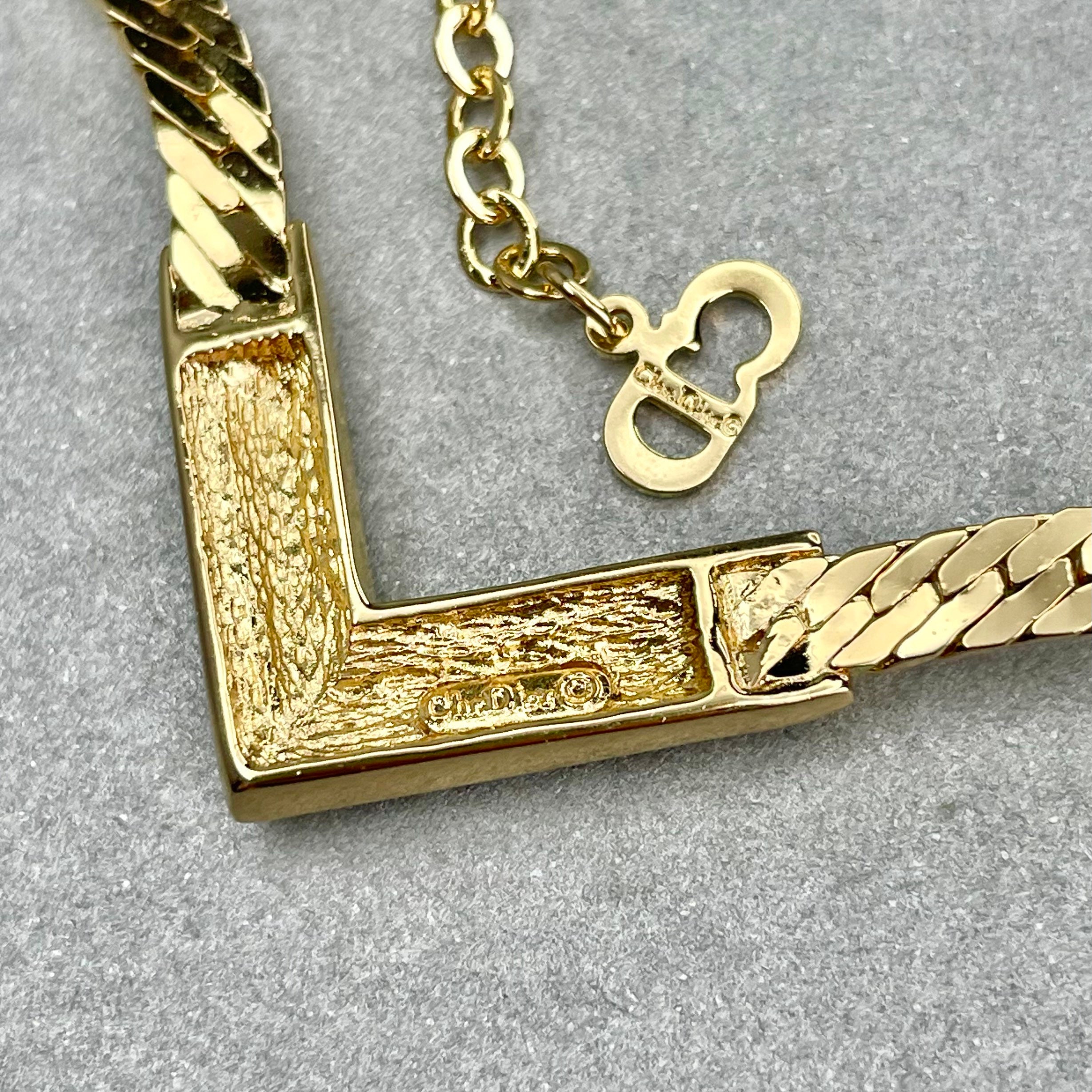 Vintage Christian Dior V Necklace, Gold Tone Black Enamel