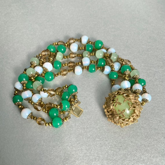 Vintage Miriam Haskell Green Bracelet, Gold tone … - image 4