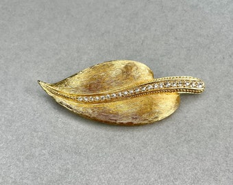 Vintage Chr. Dior Leaf Brooch: Gold Tone Rhinestone Estate Jewelry