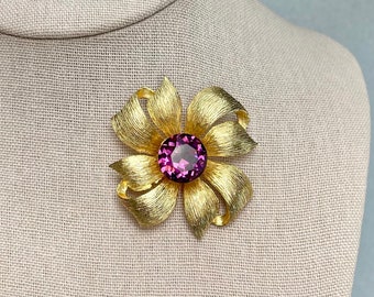 Broche vintage avec noeud en ruban Dodds, épinglette d'écharpe ronde en strass rose doré, bijoux fantaisie signés succession, cadeaux pour elle.