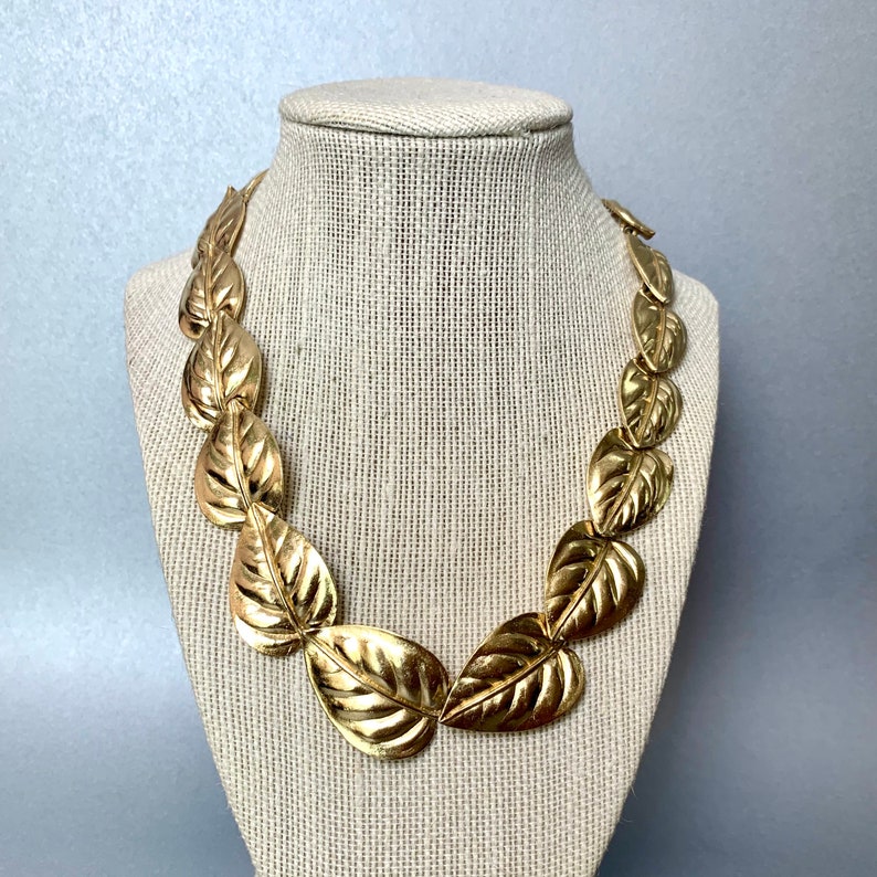 Gift for Her. Leaves Signed Costume Jewelry Vintage Trifari TM Choker Necklace Gold Tone Chunky Leaf Necklace