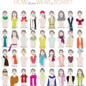 May include: An illustration showing 36 different ways to wear a scarf. Each illustration shows a woman wearing a scarf in a different style. The styles are labeled with names like "The Snood", "The Front Tie", "The French Knot", "The Bandana", "The Belted Waist", "The Hipster Hoodie", "The Loose Knot", "The Present", "The Boyfriend Tie", "The Tiguando", "The Modern Loop", "The Mummy", "The Classic Drape", "The Waterfall", "The Bunny Ear", "The Toss", "The Vest", "The Broche", "The Euro Loop", "The Pin Up", "The Faux Infinity", "The Pretzel", "The Go Go Band", "The Infinity Knot", "The School Girl", "The Turban Knot", "The Audrey", "The Wrap", "The Criss Cross", "The Basic Loop", "The Lar", "The Back Drape", "The Flirt", "The Ballet Wrap", and "The Double Croissant."