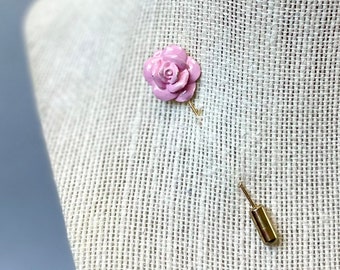 Vintage Pink Flower Stick Pin, Gold Tone Miniature Light Pink Enamel Lapel Pin Brooch, MidCentury Jewelry, Gift for Her.