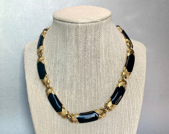 Vintage Choker Necklace, Gold Tone Black Enamel Large Chunky