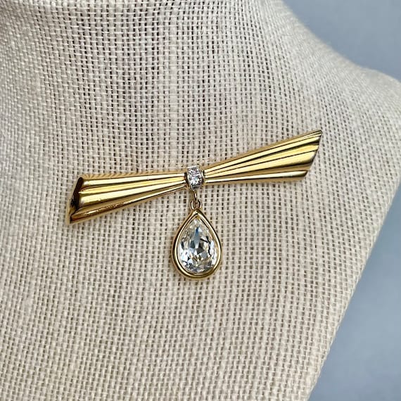 Vintage Monet Bow with Dangle Drop Brooch, Gold T… - image 1