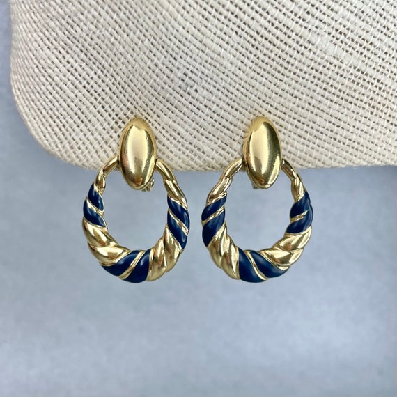 Vintage Monet Hoop Earrings, Gold Tone Navy Blue … - image 5