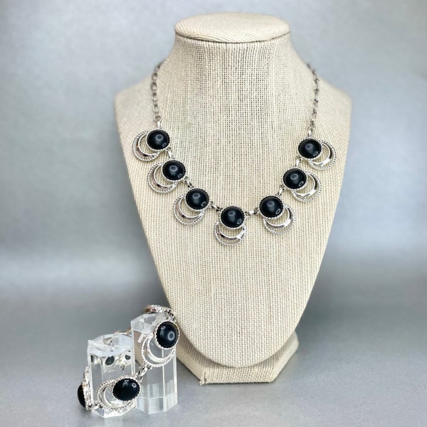 Vintage Sarah Coventry Jewelry Set, Silver Tone Black Cabochons Necklace and Bracelet Demi Parure Set, Signed Estate Jewelry, Gift for Her.