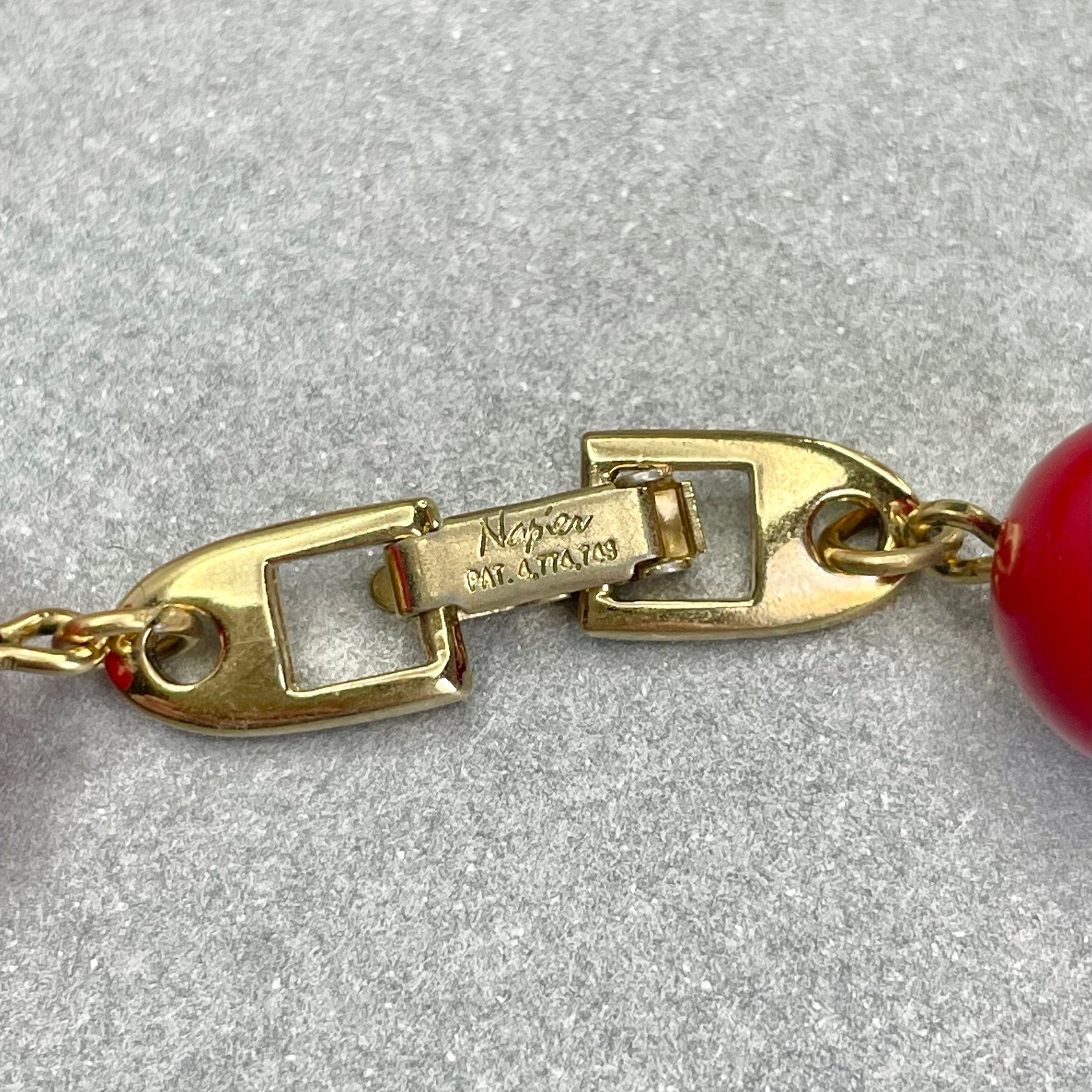 Vintage Napier Beaded Necklace Gold Tone Red Bead Long Necklace
