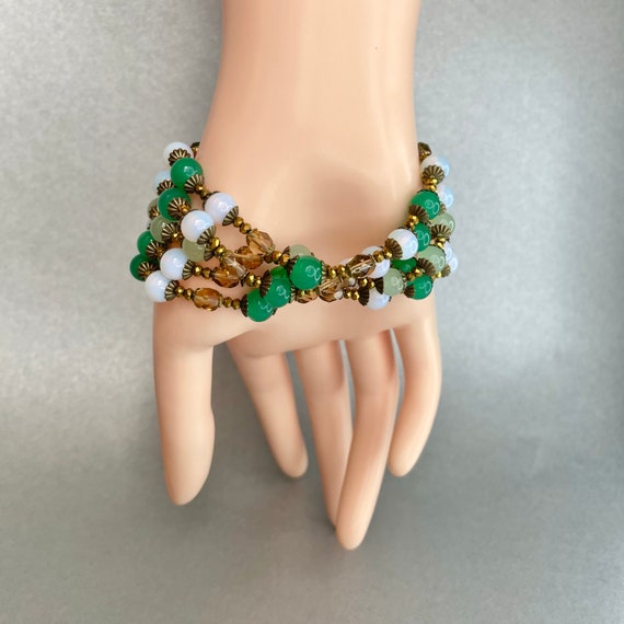 Vintage Miriam Haskell Green Bracelet, Gold tone … - image 3