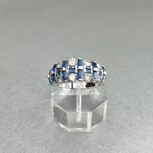 Vintage 18K GE Blue Clear Stone Ring, White Gold Plating Baguette Rhinestones 8 Wide Ring, Mid Century Modern Estate Jewelry, Gift for Her.