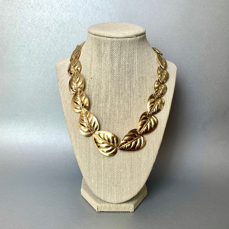 Gift for Her. Leaves Signed Costume Jewelry Vintage Trifari TM Choker Necklace Gold Tone Chunky Leaf Necklace