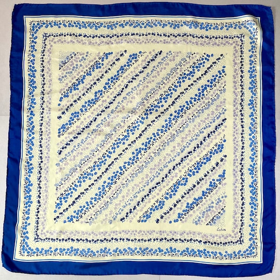 Vintage ECHO Silk Scarf: Blue Floral Print, Designer Bandana (30x30 in)