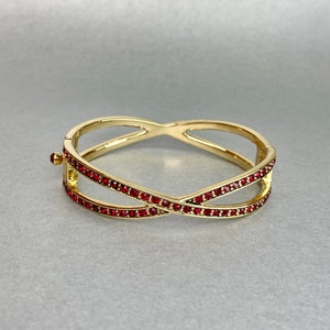 Vintage Monet Cuff Bracelet, Gold Tone Red Rhinestones Infinity Bracelet, MidCentury Signed Estate Jewelry, Gift for Her.