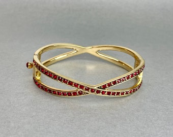 Vintage Monet Cuff Bracelet, Gold Tone Red Rhinestones Infinity Bracelet, MidCentury Signed Estate Jewelry, Gift for Her.
