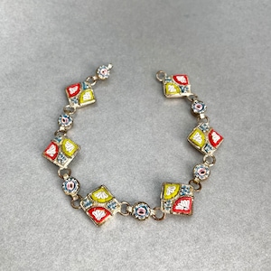 Vintage Micro Mosaic Box-links Bracelet, Gold Tone White Green Red Flowers Hexagon Bracelet, Italian Mosaic Estate Jewelry, Gift for Her.