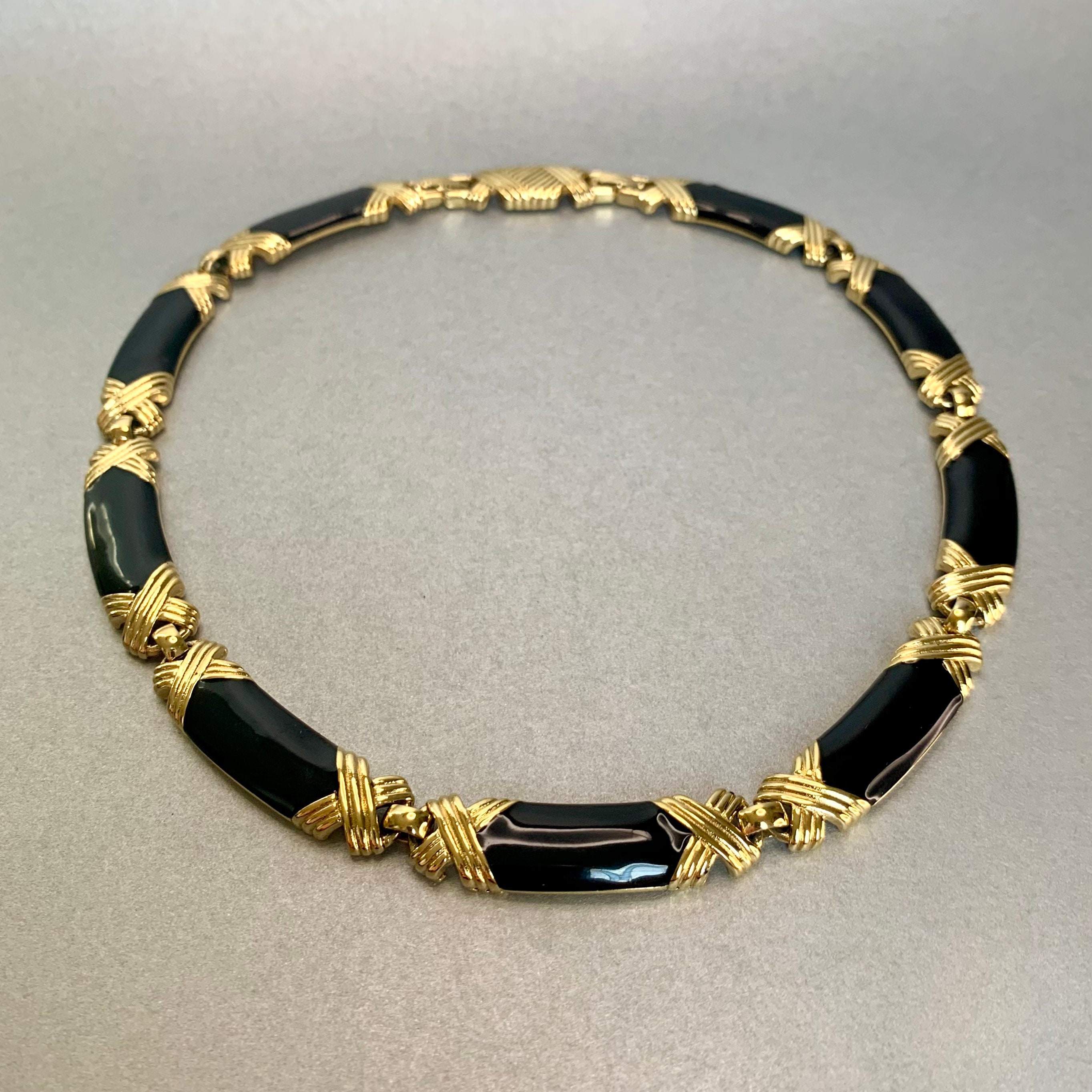 Vintage Choker Necklace Gold Tone Black Enamel Large Etsy