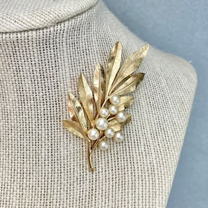 Vintage Crown Trifari Pearl Berries on Leaves Sprig Brooch, Gold Tone White Pearls Pin, Signed Estate Costume Jewelry, Gift for Her. image 1