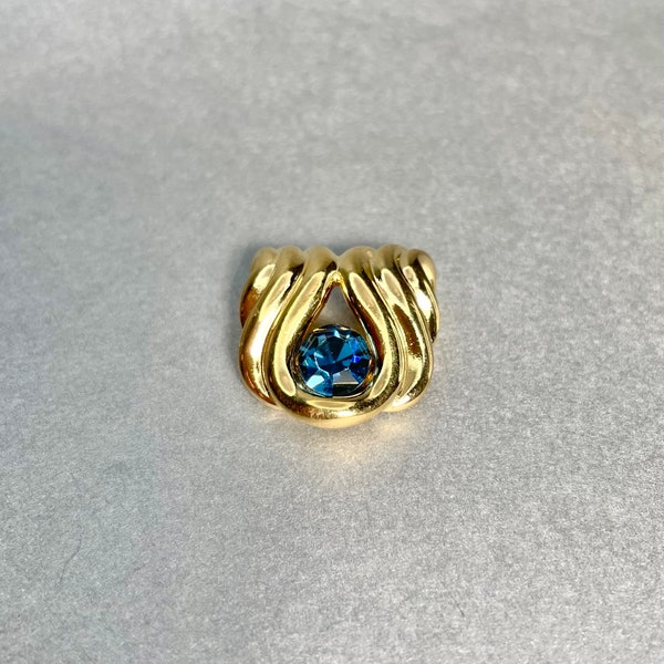 Vintage Nolan Miller Pendant, Gold Tone Wavy Blue Round Rhinestone Pendant, Signed Estate Costume Jewelry, Gift for Her.