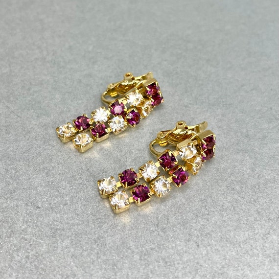 Vintage Trifari TM Long Earrings, Gold Tone Pink … - image 2