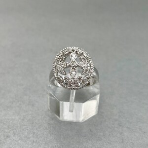 Vintage Silber Ton Strass Ring, Größe 9, Oval Blätter Design