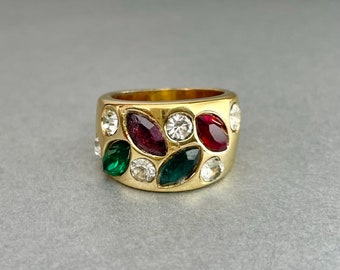 vintage Marquis Rhinestones Wide Ring, Gold Tone Red Blue Purple Green Stones Chunky Size 6 3/4 Ring, Estate Costume Jewelry, Gift for Her.