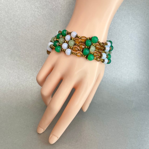 Vintage Miriam Haskell Green Bracelet, Gold tone … - image 6