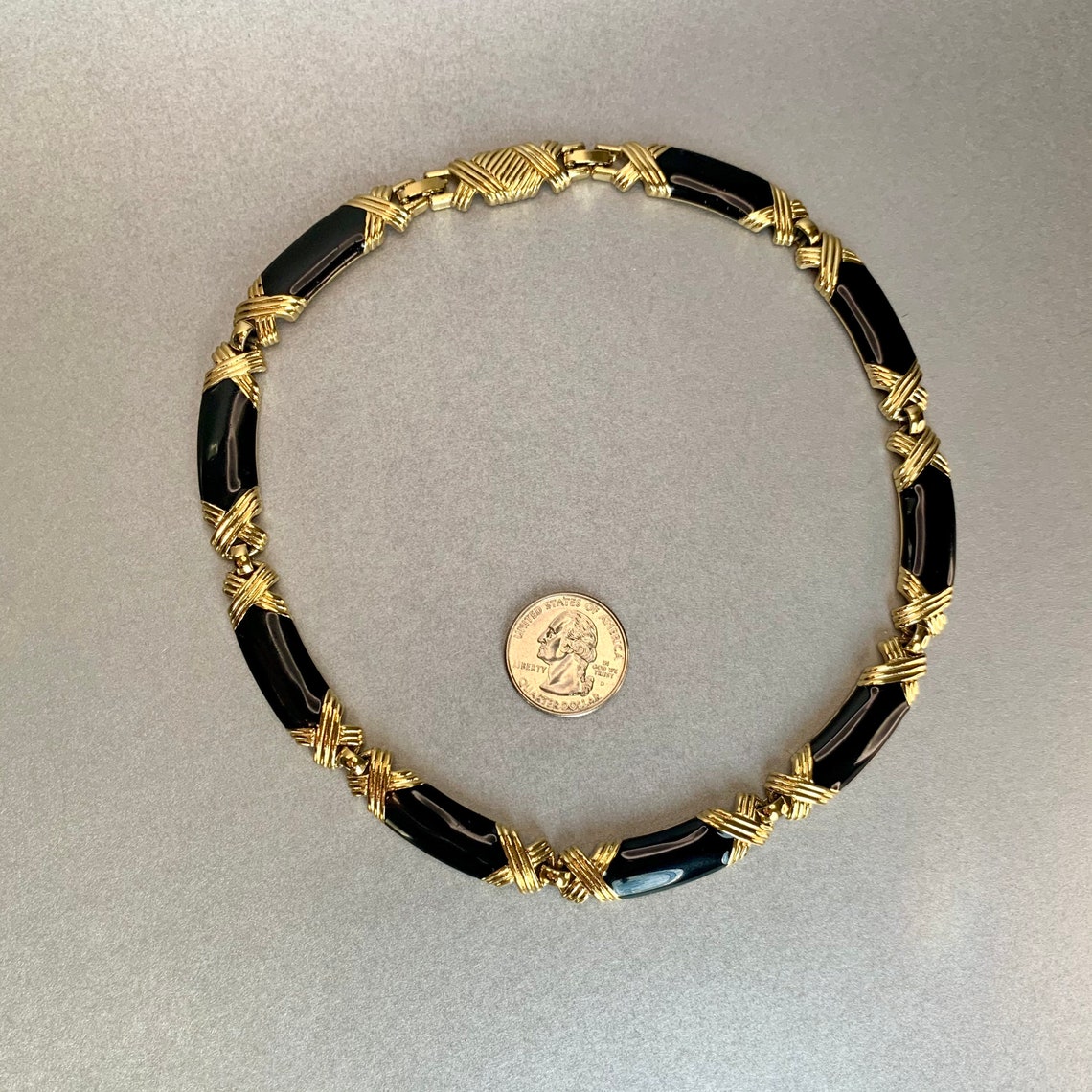 Vintage Choker Necklace Gold Tone Black Enamel Large Etsy