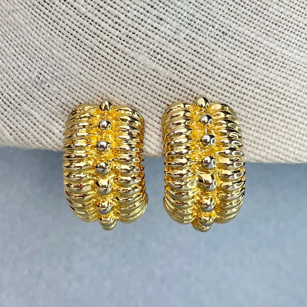 Vintage PAOLO Gucci Earrings, Gold Tone Chunky Heavy Half Hoop Clip On Earrings, Designers Signed Authentic Jewelry, Gift for Her.