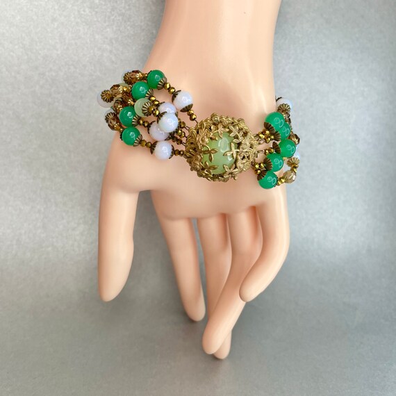 Vintage Miriam Haskell Green Bracelet, Gold tone … - image 7