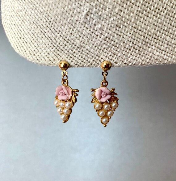 Vintage Avon Earrings Seed bead Signed Jewelry Gold Tone Signed Pearl Rose Dangle Vine Earrings Mom Gift.