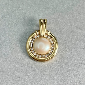 Vintage Monet White Pendant, Gold Tone Clear Rhinestones White Pearl Cabochons Round Pendant, Signed Estate Costume Jewelry, Gift for Her.