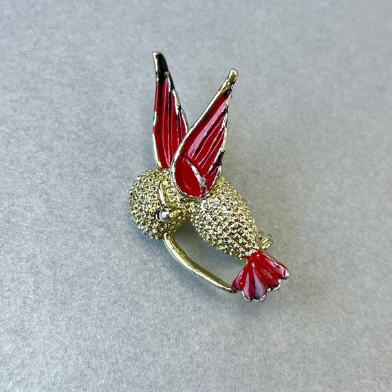 Vintage Humming Bird Pin, Gold Tone Red Enamel Co… - image 6