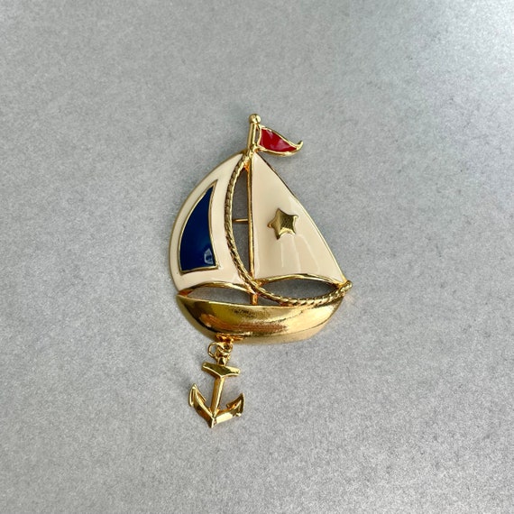 Vintage Avon Sailboat Pin, Gold Tone White Navy B… - image 2