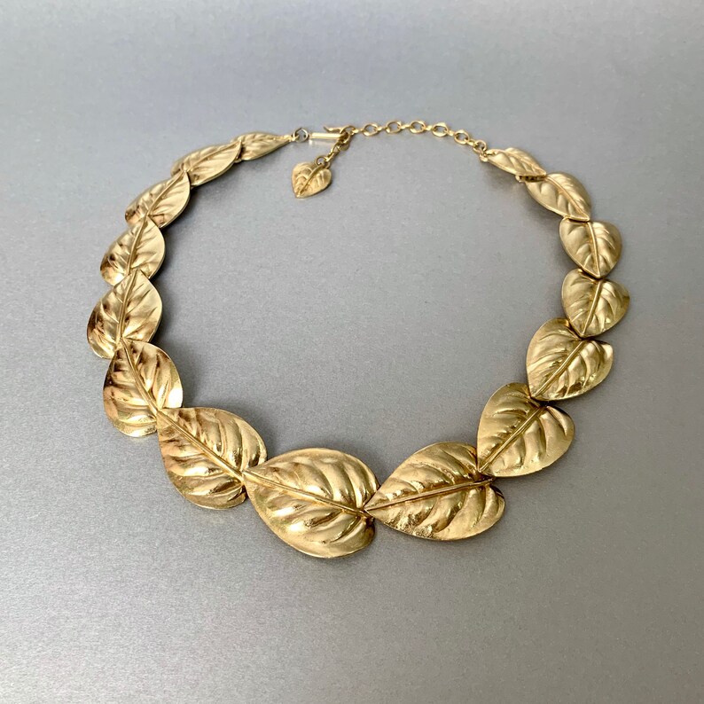Gift for Her. Leaves Signed Costume Jewelry Vintage Trifari TM Choker Necklace Gold Tone Chunky Leaf Necklace