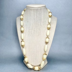 Vintage Trifari TM Beaded Necklace, Gold Tone Connectors Nacreous Oval Beads Long Necklace, Signed Costume Estate Jewelry, Gift for Her.