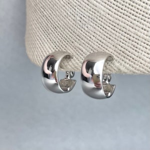 Vintage Monet Hoop Earrings, Glossy Silver Tone Wide Mini Hoops Clip On Earrings, Signed Costume Estate Jewelry, Gift for Her.