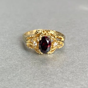 Vintage Gold Electroplated Red Rhinestone Ring, Red Oval And Small Round RhinestoneS Ring, Signed Estate Jewelry, Gift for Her.