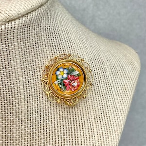 Vintage Micro Mosaic Italy Brooch, Gold Tone  Black Yellow Blue Red Flowers Filigree Pin, Italian Mosaic Jewelry, Gift for Her.