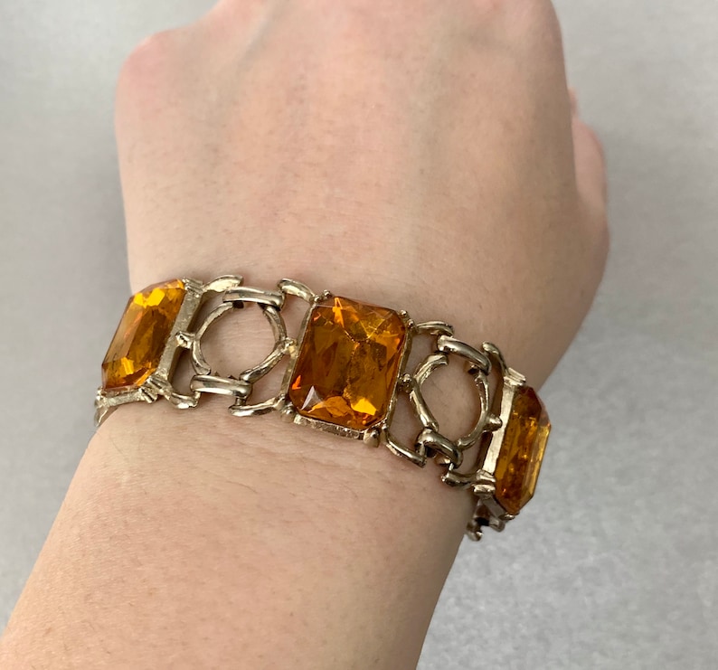 Bangle Jewelry Vintage Yellow Citrine Rhinestones Bracelet Silver Tone Victorian Revival Bracelet Gift for Her.