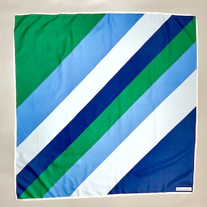 Vintage Leopardi Silk Scarf: Green Blue Striped Head Bandana (31 x 31”)