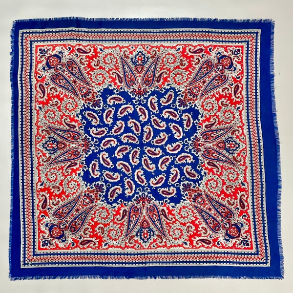 Vintage Kaschmir 100% Wolle Scarf, Blue Red Paisley Pattern Dark Blue Square Head Bandana Scarf, 30 x 30” Designer Signed Accessories.