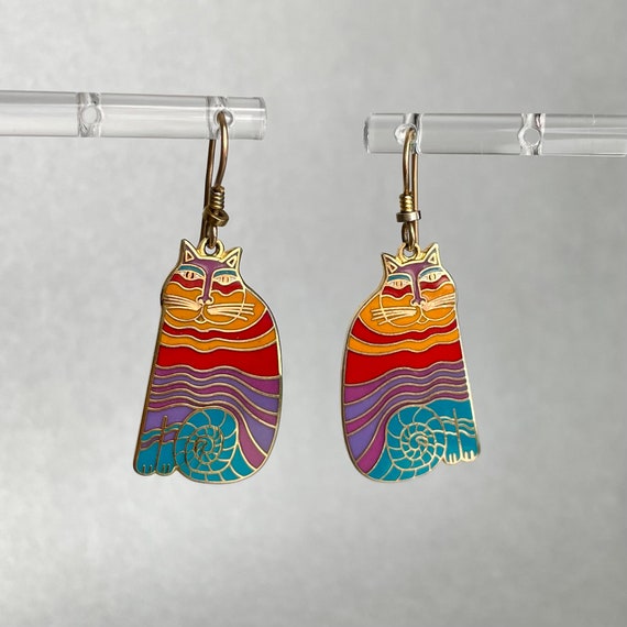 Vintage Laurel Burch Rainbow Cats Earrings, Gold … - image 1