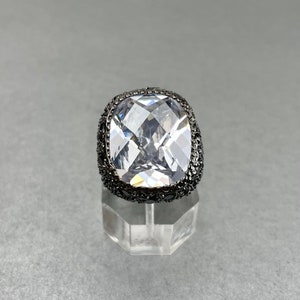 Vintage Clear Crystal Large Finger Ring, Black Tone Clear Rectangle and Black Rhinestones Size 8 Ring, Estate Costume Jewelry, Gift for Her.